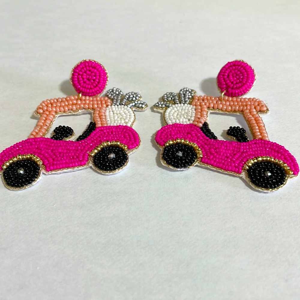 💕🎉Julianna Hot Pink Beaded Golf Cart Earrings